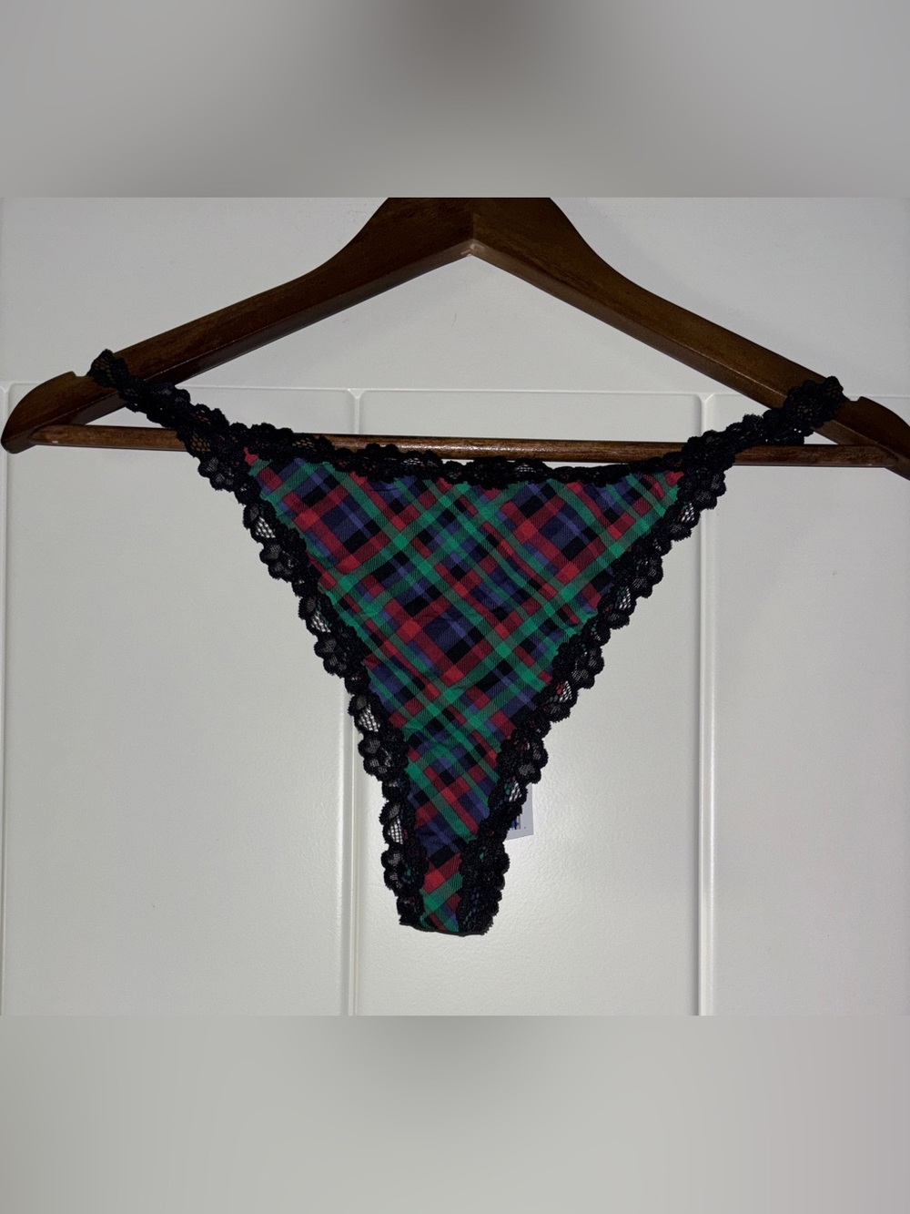 Intimately Charlie Microfiber In Plaid Navy Combo Lace Side Thong Women XL NEW